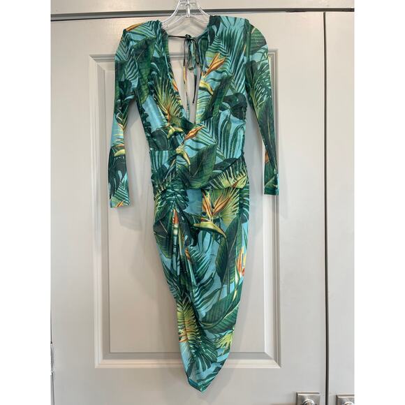 Luxxel Tropical Ruched V-Neck Asymmetric Cocktail Bodycon Dress Size S Green